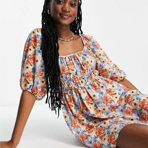 ASOS DESIGN Ruched Bust Mini Skater Dress With Puff Sleeve In Bold Floral Print